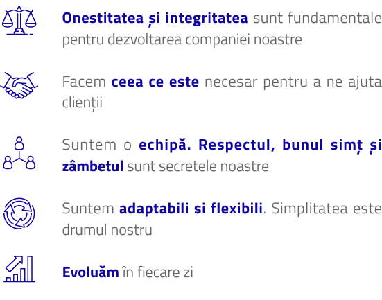 Onestitatea și integritatea sunt fundamentale pentru dezvoltarea companiei noastreFacem ceea ce este necesar pentru a ne ajuta cliențiiSuntem o echipă. 